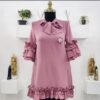 rouched dip-hem pussybow dress with trumpet sleeves